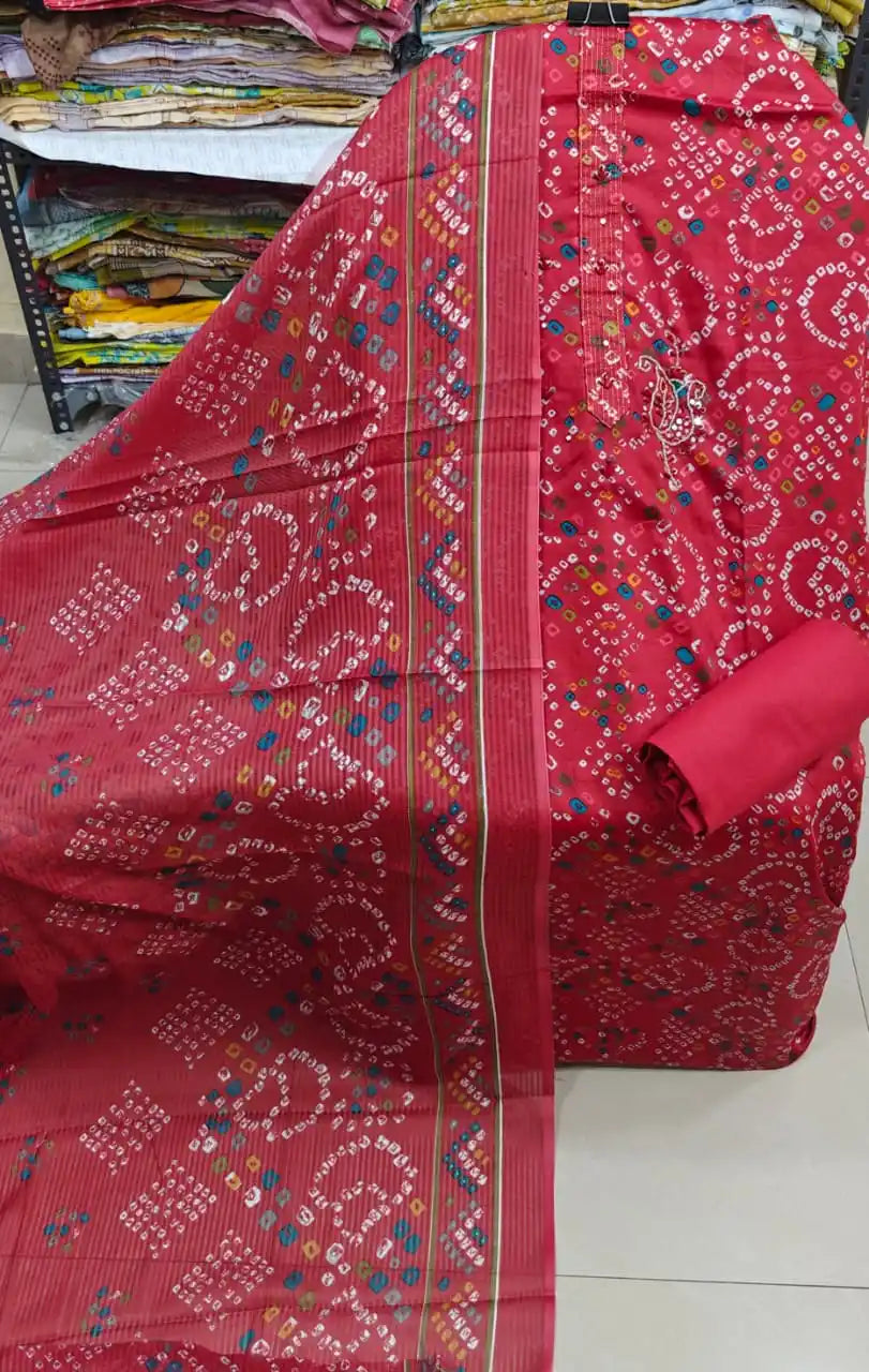 Red Print Unstitched Suit with Heavy Embroidered Neck & Cotton Dupatta