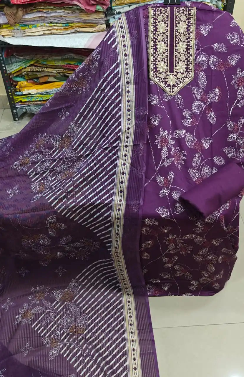 Purple Unstitched Salwar Kameez with Heavy Embroidered Neck & Cotton Dupatta