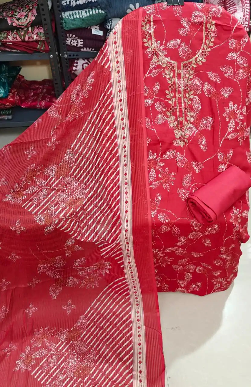 Blood Red Printed Rayon Unstitched Suit Material with Heavy Yoke Embroidery & Cotton Dupatta