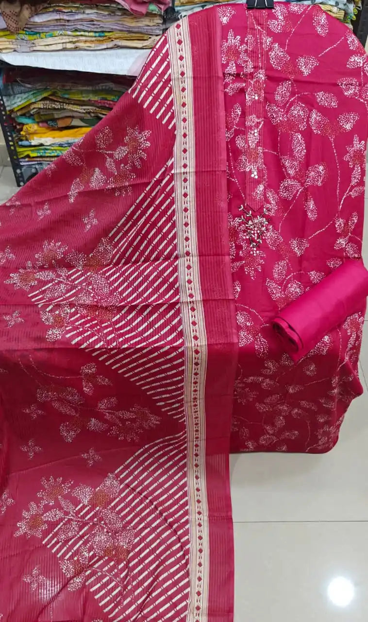 Rose Red Textured Rayon Dress Material with Premium Neck Work & Cotton Dupatta