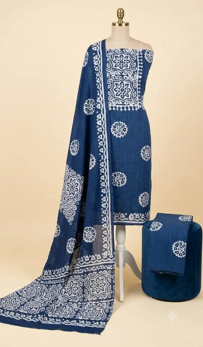 Blue Floral Batik Cotton Unstitched Suit By ASC