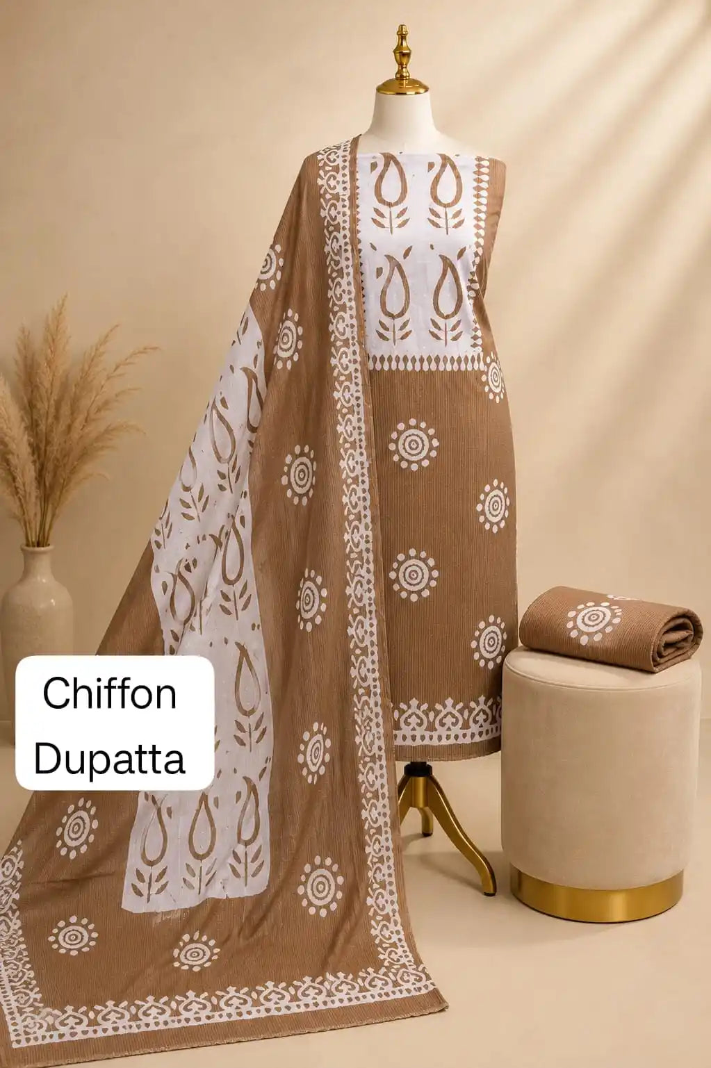 Beige Batik Cotton Unstitched Suit With Chiffon Dupatta By ASC