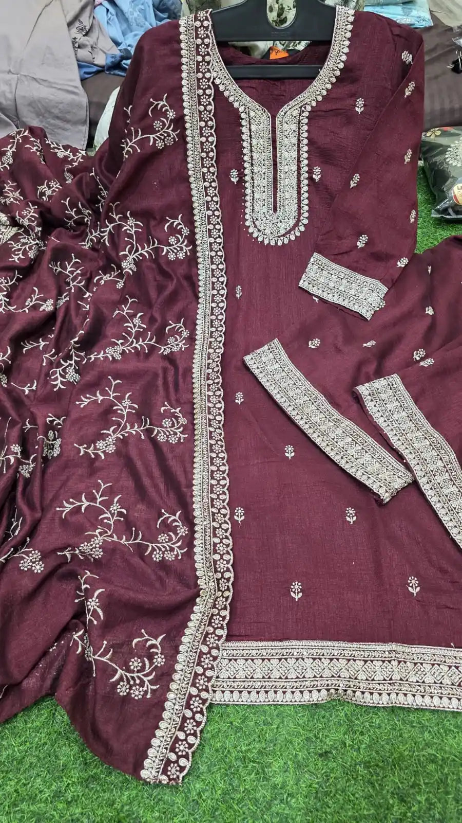MAL CHANDERI READYMADE SUIT WITH EMBROIDERED DUPATTA AND PLAZZO