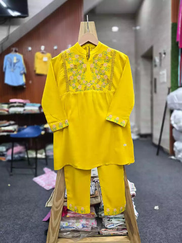 Girls Yellow Rayon Embroidered Tunic Co-Ord Set by ASC