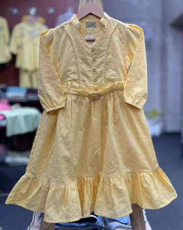 Girls Cotton Chikankari Cutdana Embroidered Frock with Belt by ASC