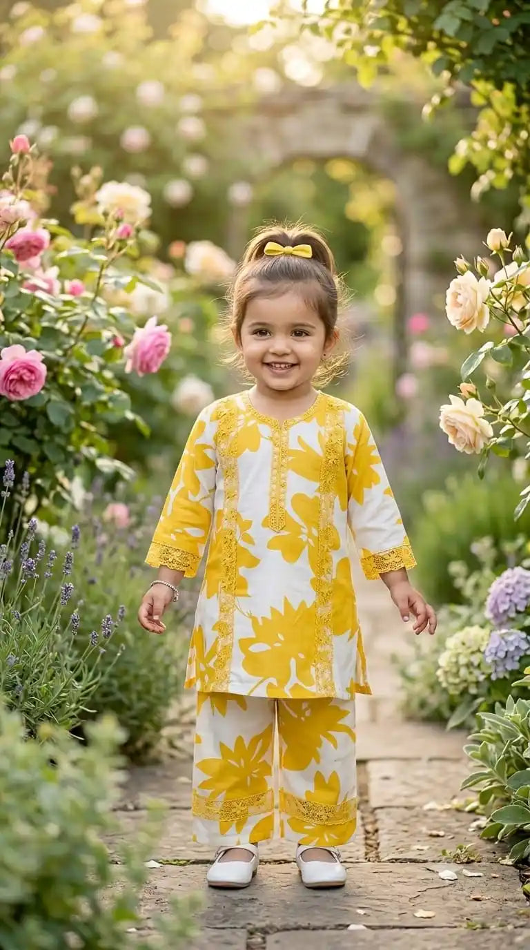 Rayon Karachi Lace Yellow Floral Set