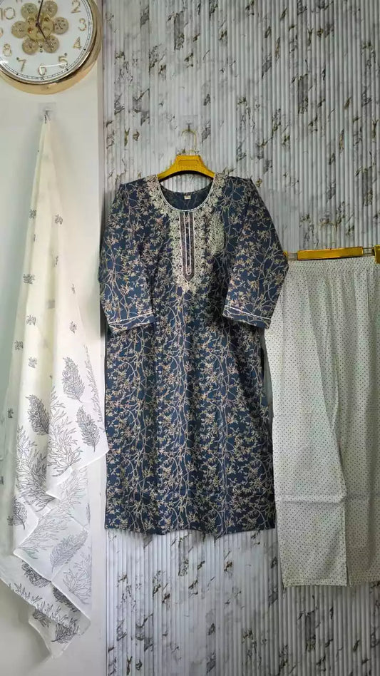 Blue Embroidered Yoke Cotton Pant Set - ASC Fashion Store