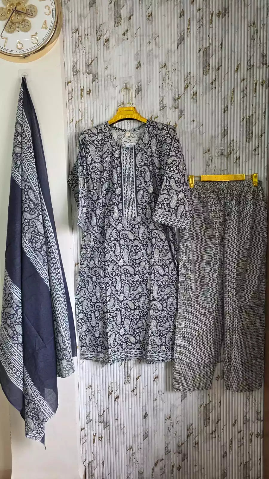 JAIPURI INDIGO PRINTES WITH NECK EMBROIDERY WITH COMFORTABLE PANTS AND COTTON DUPATTA IN PLUS SIZES