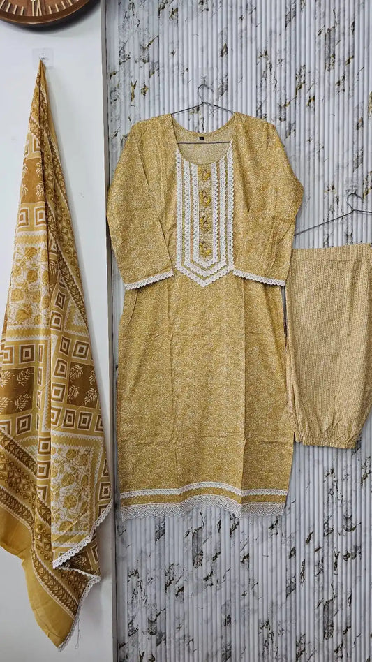 Mustard crochet lace yoke pant set