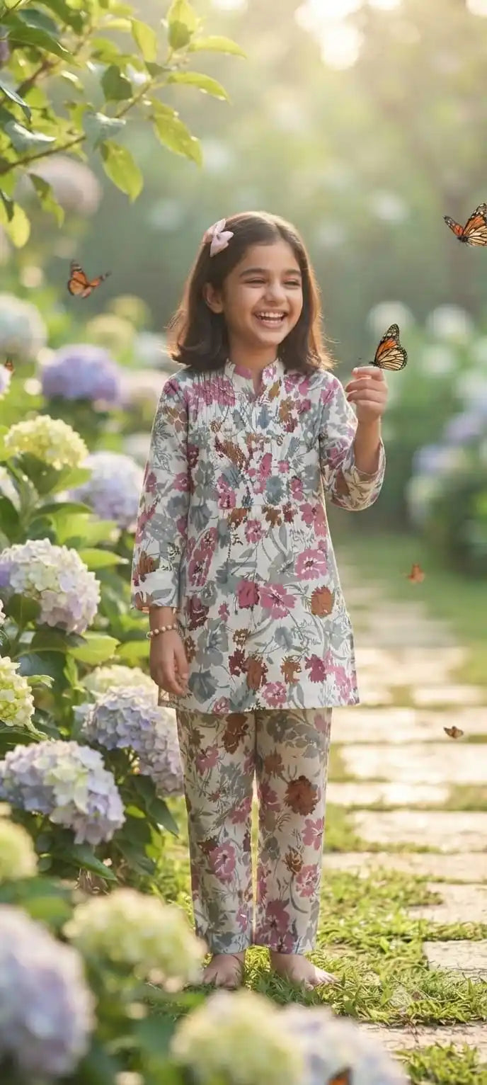 A young girl smiling and posing outdoors in a comfortable floral printed rayon cord-set.