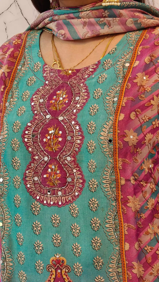 Readymade Shimmer With Lining Pakistani Embroidered Suit With Pure Dupatta