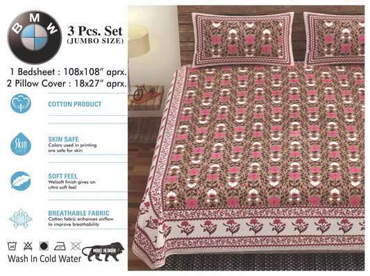 Super King Size Pure Cotton Bedsheet 9x9 ft With 2 Pillow Covers by ASC Fashion Store