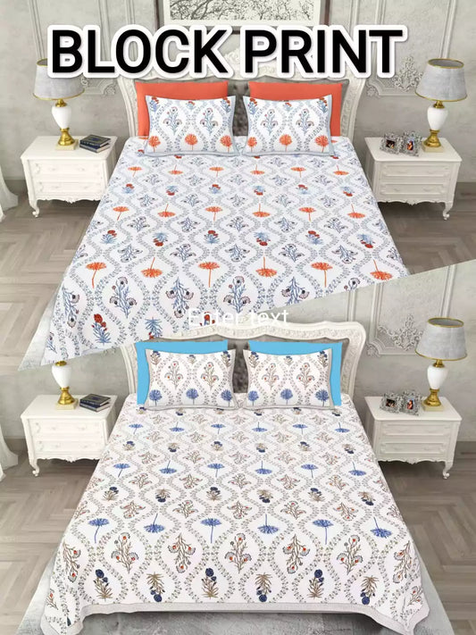 Super King Size Jaipuri Sanganeri Cotton Bedsheet with colorful block print and matching pillow covers.