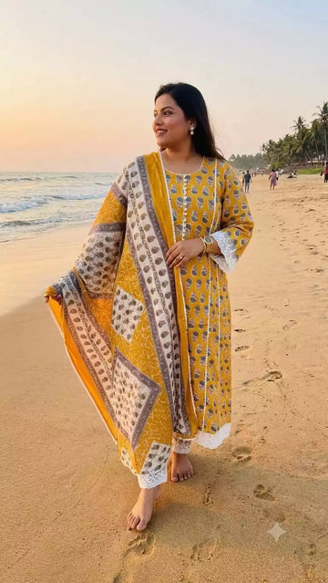A-line Pinterest style Floral Mustard Suit Set with White Laces