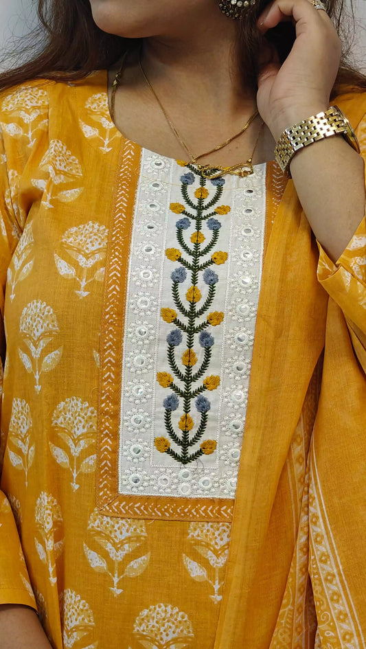 Readymade Block Print Cotton Suit With Cotton Dupatta