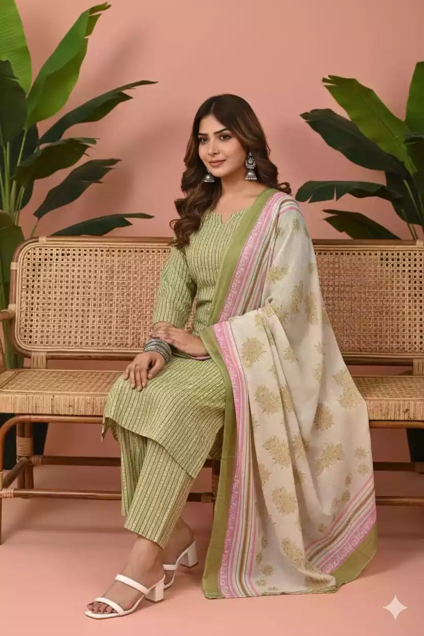 Readymade Block Print Cotton Suit With Cotton Dupatta