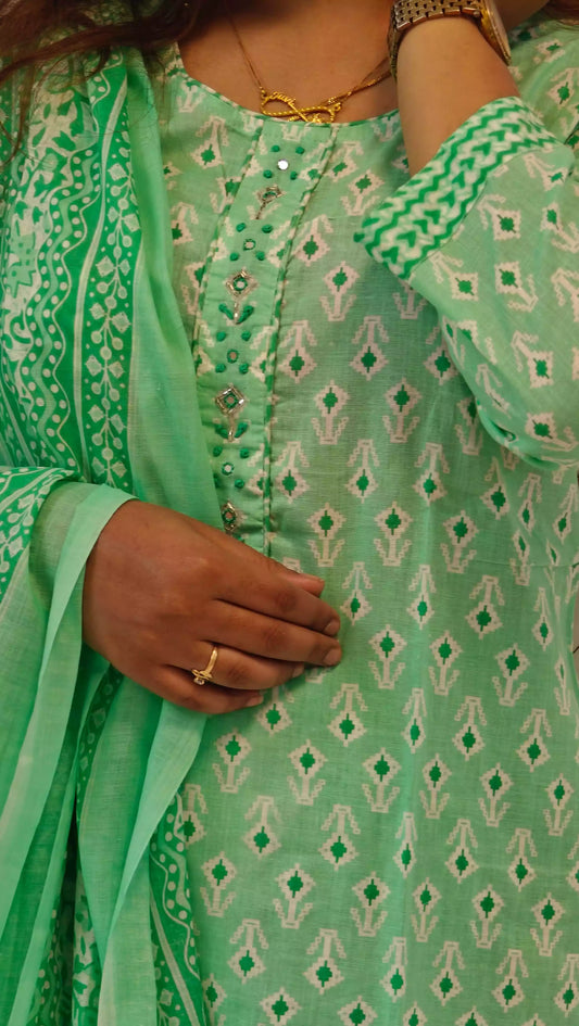 Readymade Block Print Cotton Suit With Cotton Dupatta