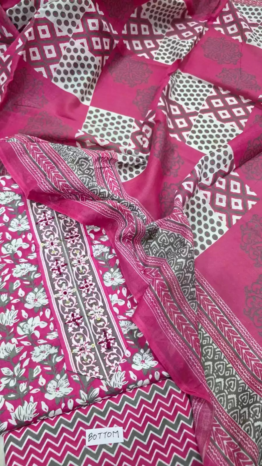 Unstitched Suit with Neck Embroidery & Cotton Dupatta