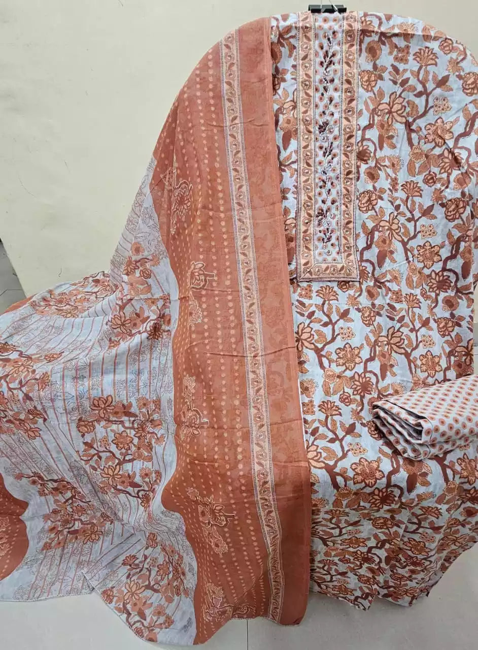 Unstitched Suit with Neck Embroidery & Cotton Dupatta
