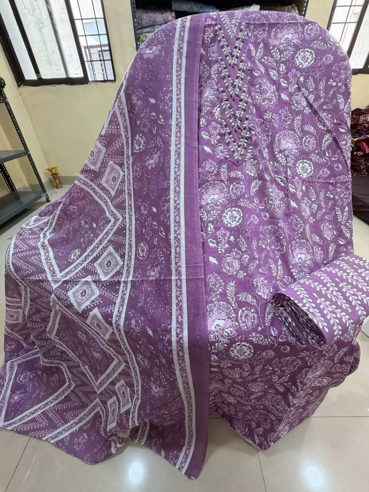 Unstitched Suit with Neck Embroidery & Cotton Dupatta