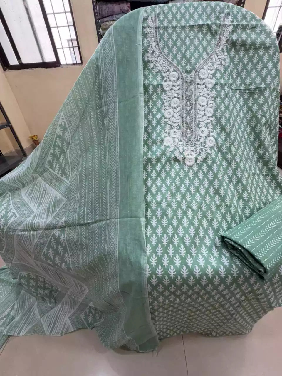 Unstitched Suit with Neck Embroidery & Cotton Dupatta