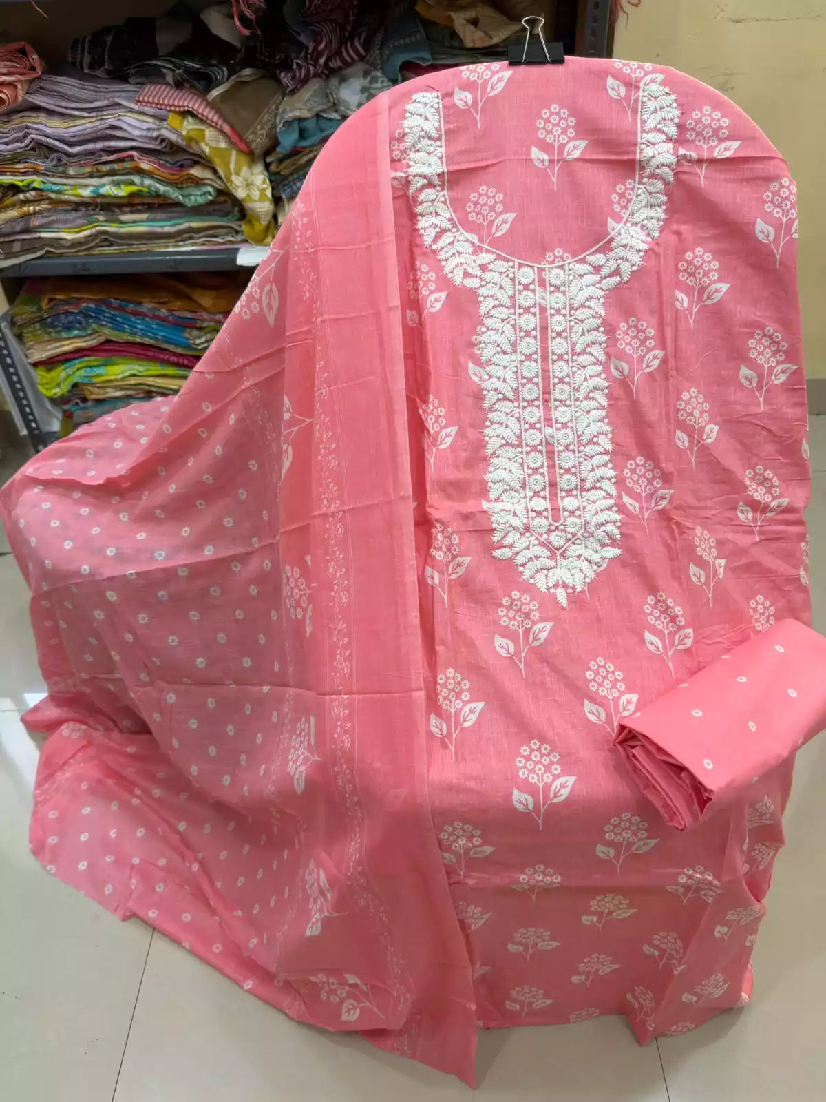 Unstitched Suit with Neck Embroidery & Cotton Dupatta