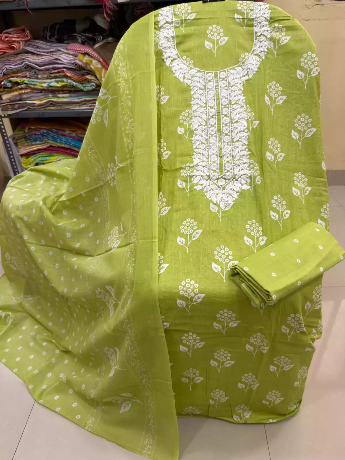 Unstitched Suit with Neck Embroidery & Cotton Dupatta