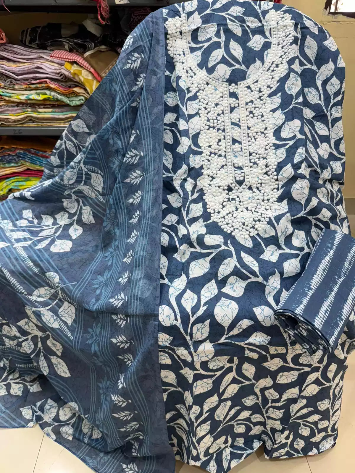 Unstitched Suit with Neck Embroidery & Cotton Dupatta