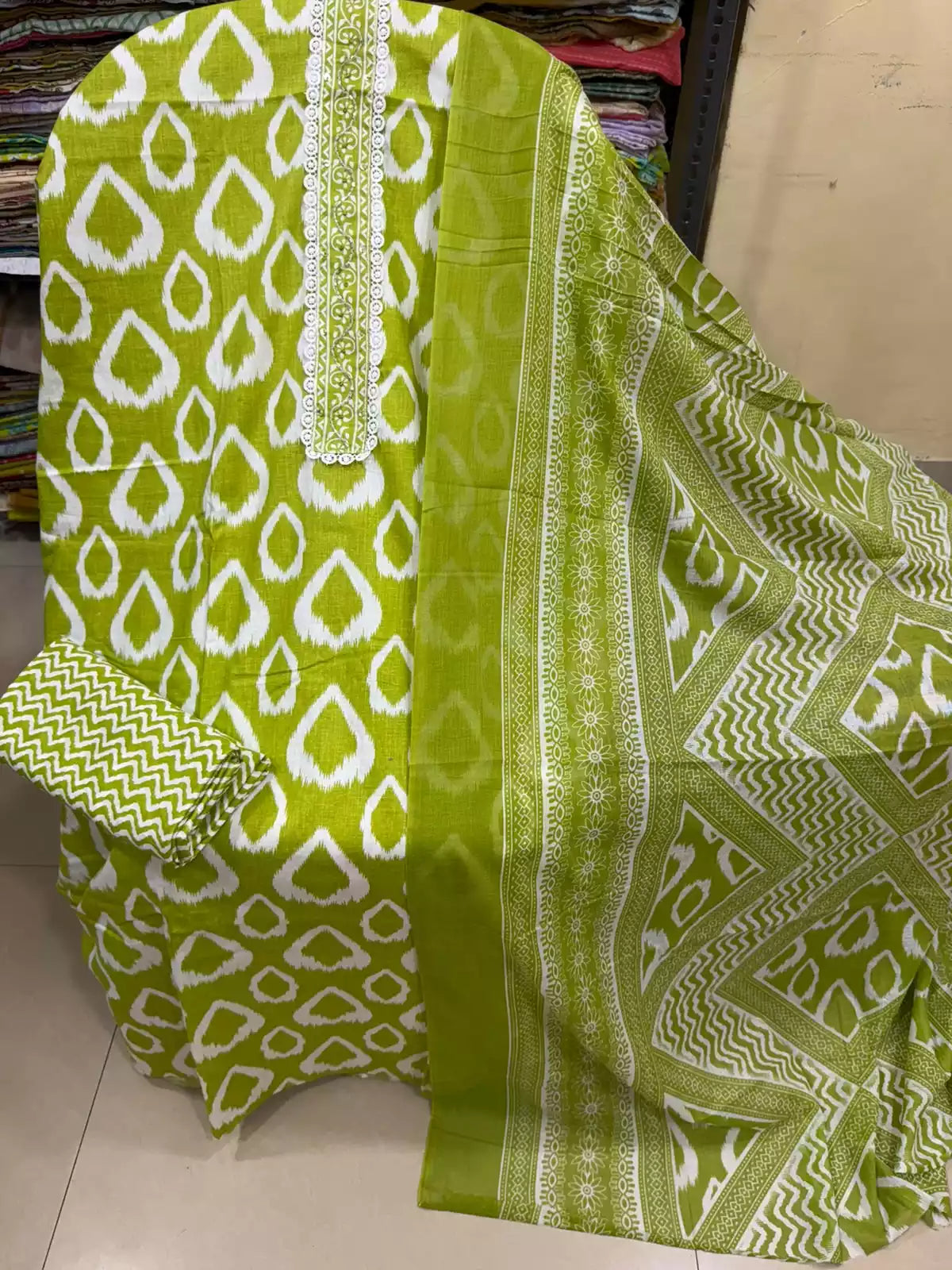 Unstitched Suit with Neck Embroidery & Cotton Dupatta