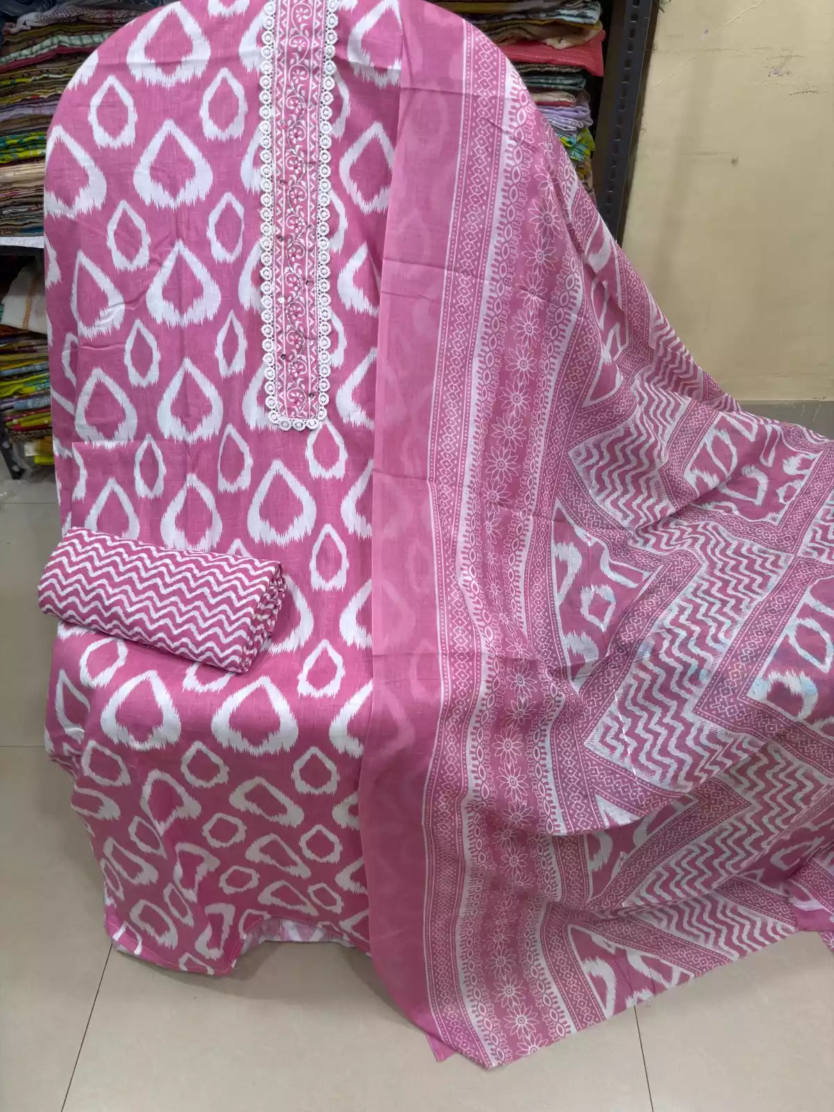 Unstitched Suit with Neck Embroidery & Cotton Dupatta