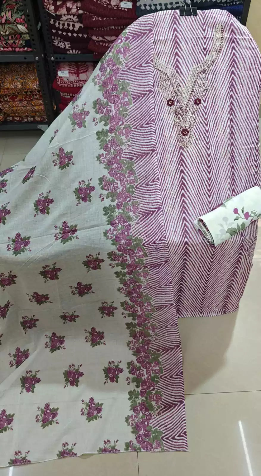 Unstitched Suit with Neck Embroidery & Cotton Dupatta