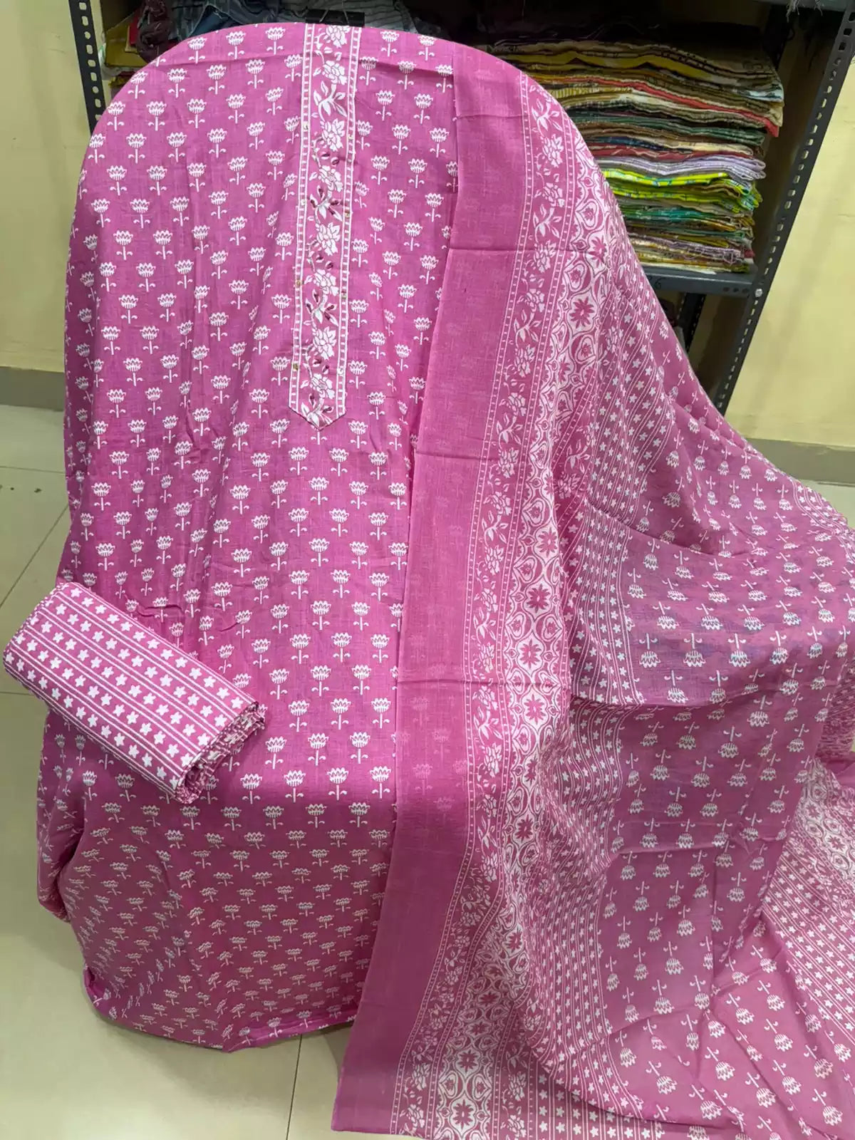 Unstitched Suit with Neck Embroidery & Cotton Dupatta