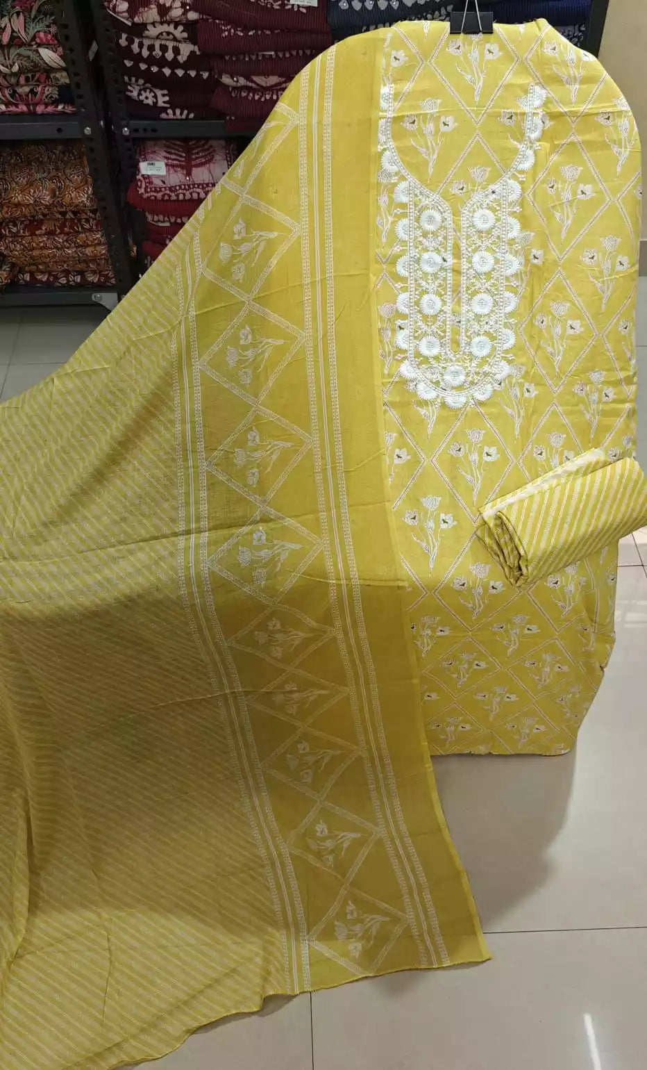 Unstitched Suit with Neck Embroidery & Cotton Dupatta