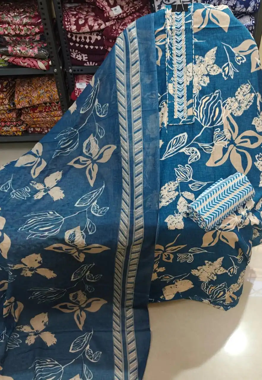 Unstitched Suit with Neck Embroidery & Cotton Dupatta