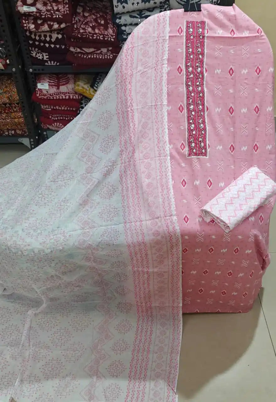 Unstitched Suit with Neck Embroidery & Cotton Dupatta