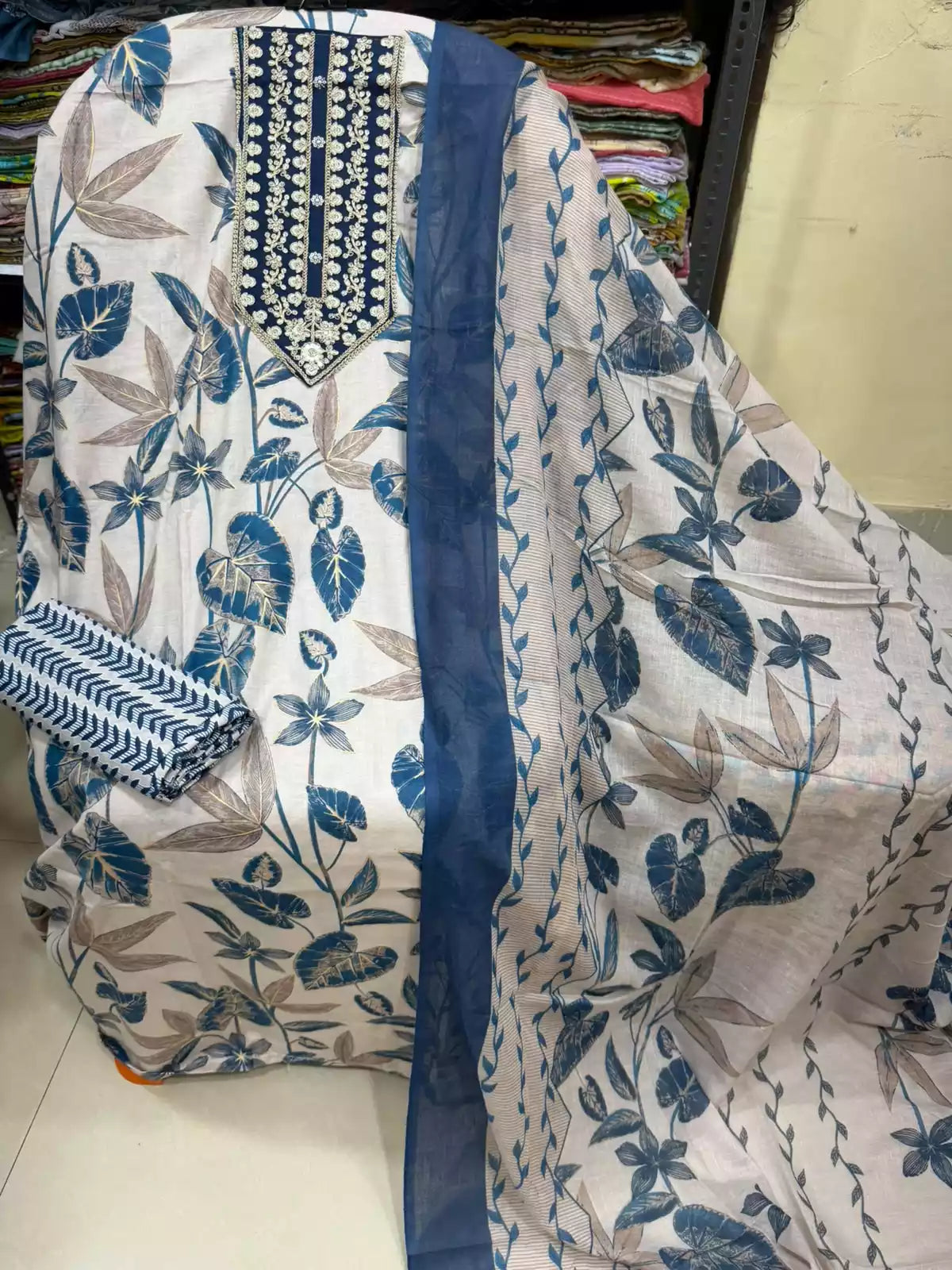 Unstitched Suit with Neck Embroidery & Cotton Dupatta