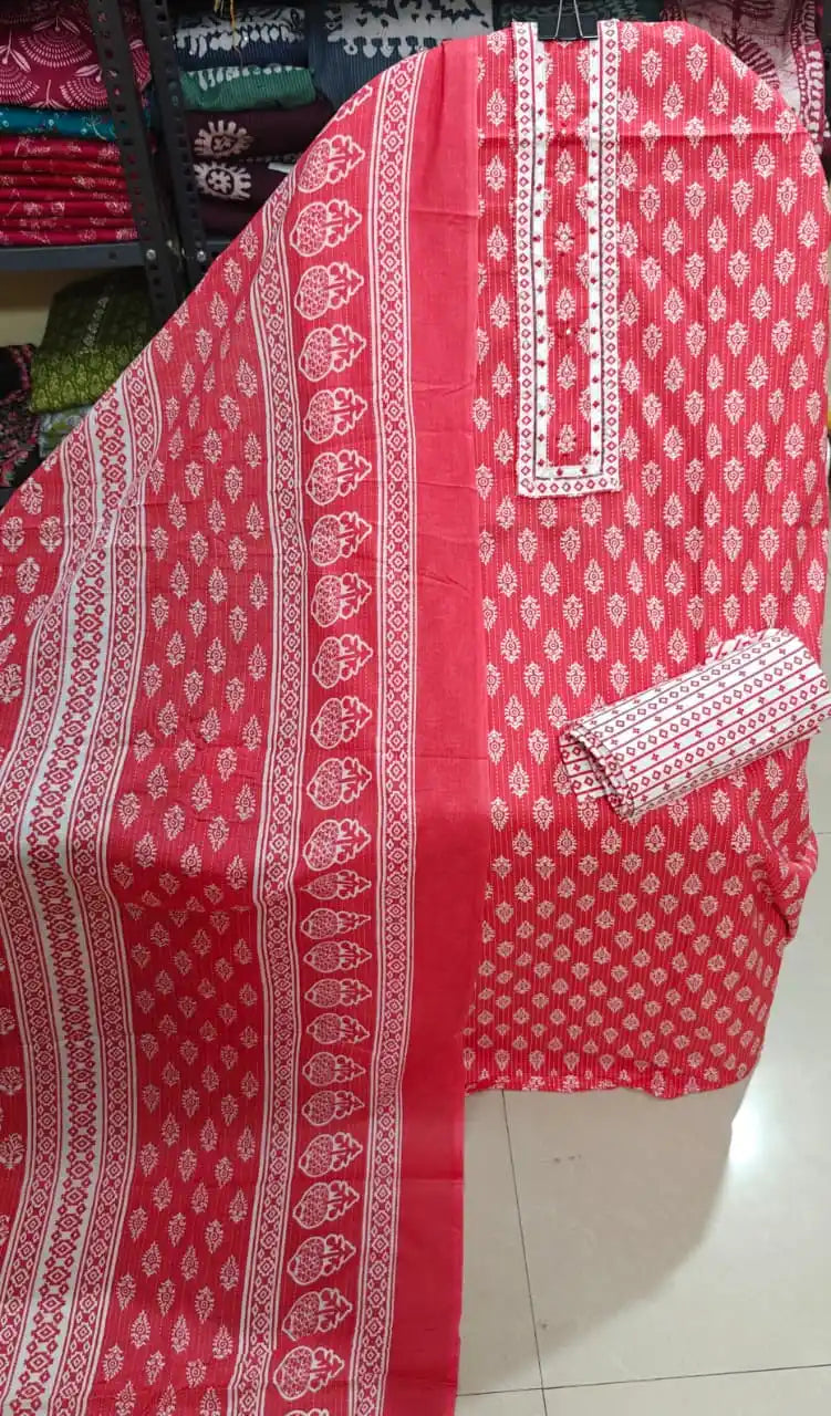 Festive Red Jaipuri Style Cotton Dress Material ASC Fashion Store