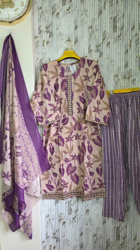 Karachi style embroidered pant suit with printed dupatta displayed elegantly on hangers.