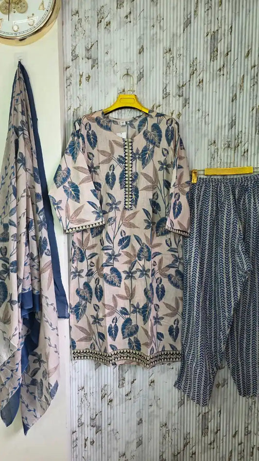 Karachi Style Embroidered Pant Suit with Printed Dupatta by ASC