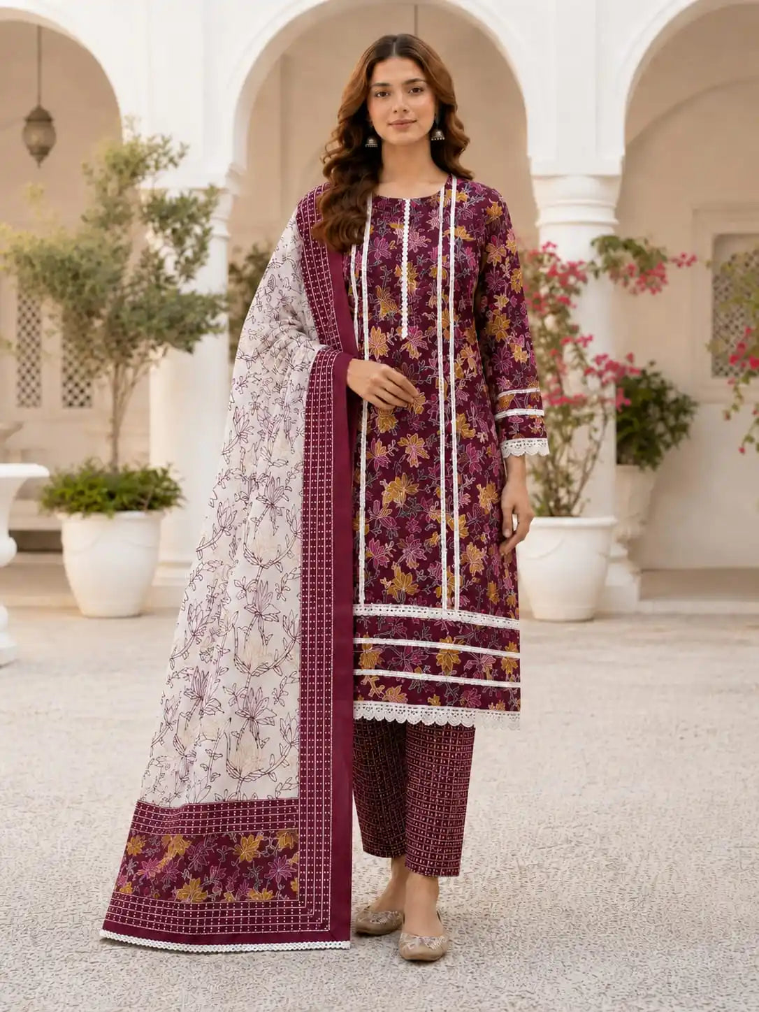 Karachi Lace Suit with Plazo Pant and Dupatta By ASC