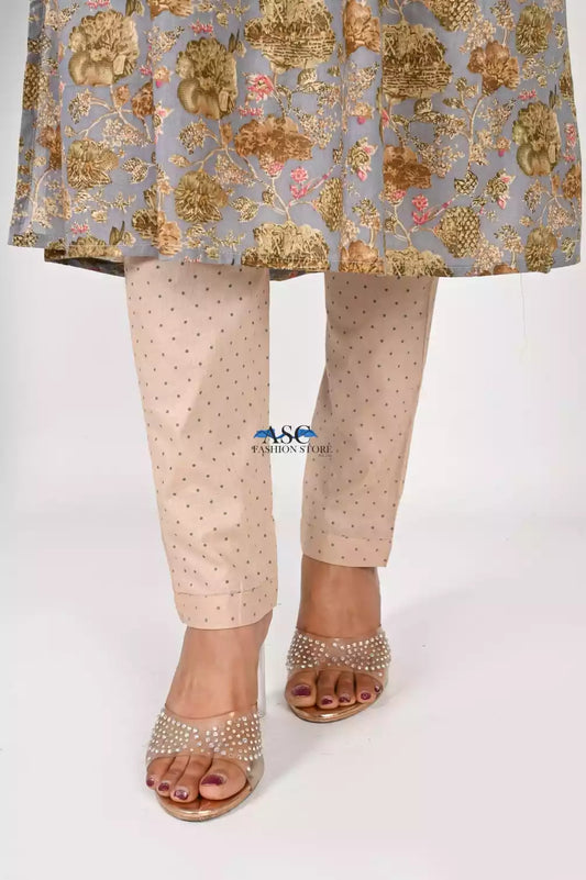 Naira Cut Neck Hand work Readymade Cotton Floral Print With Tabby Silk Digital Dupatta