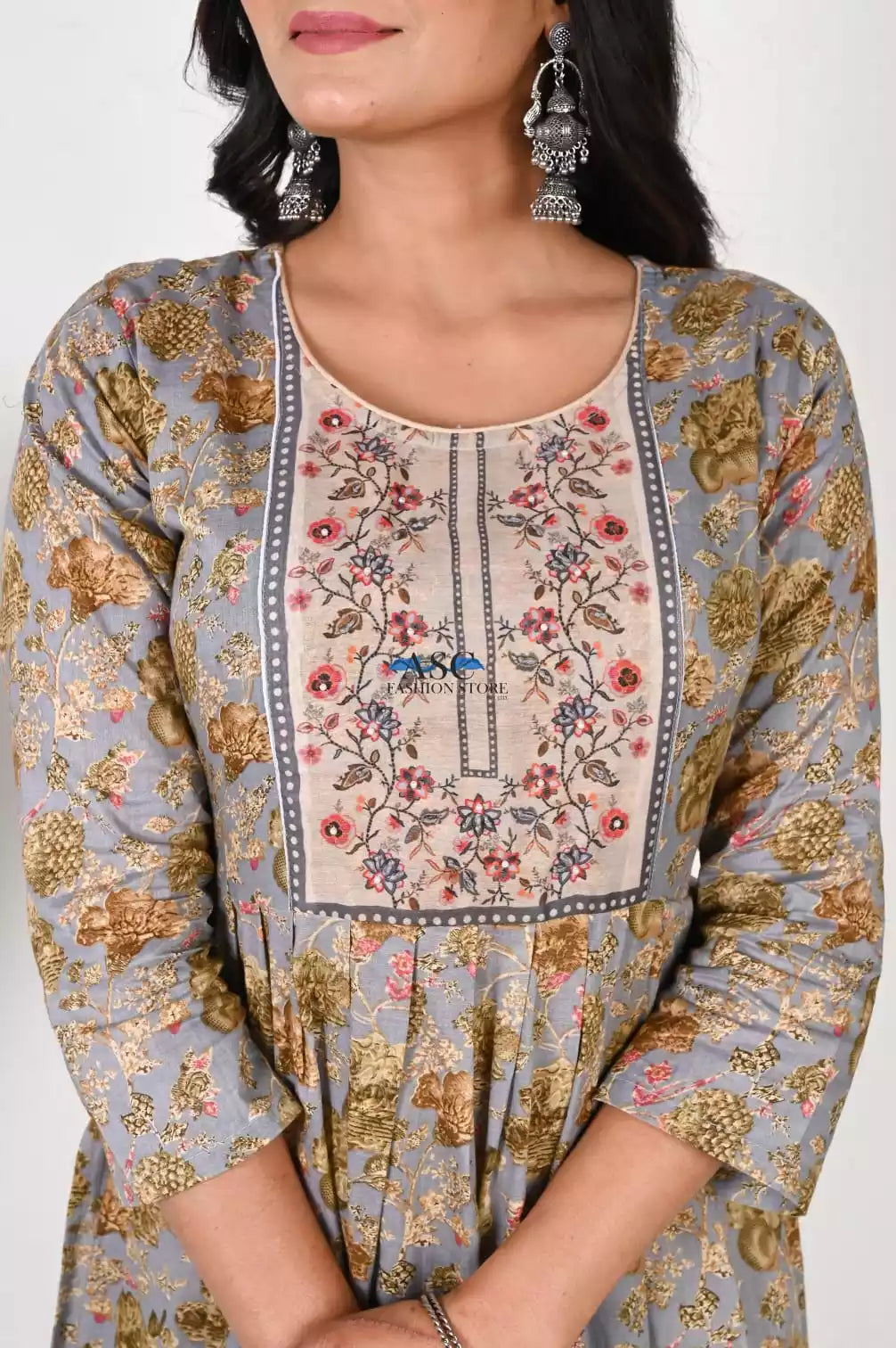Naira Cut Neck Hand work Readymade Cotton Floral Print With Tabby Silk Digital Dupatta