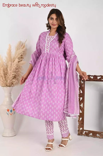 High Neck Collar with Tunic Style Readymade Cotton Block Print Suit With Pleats, pant & mal dupatta