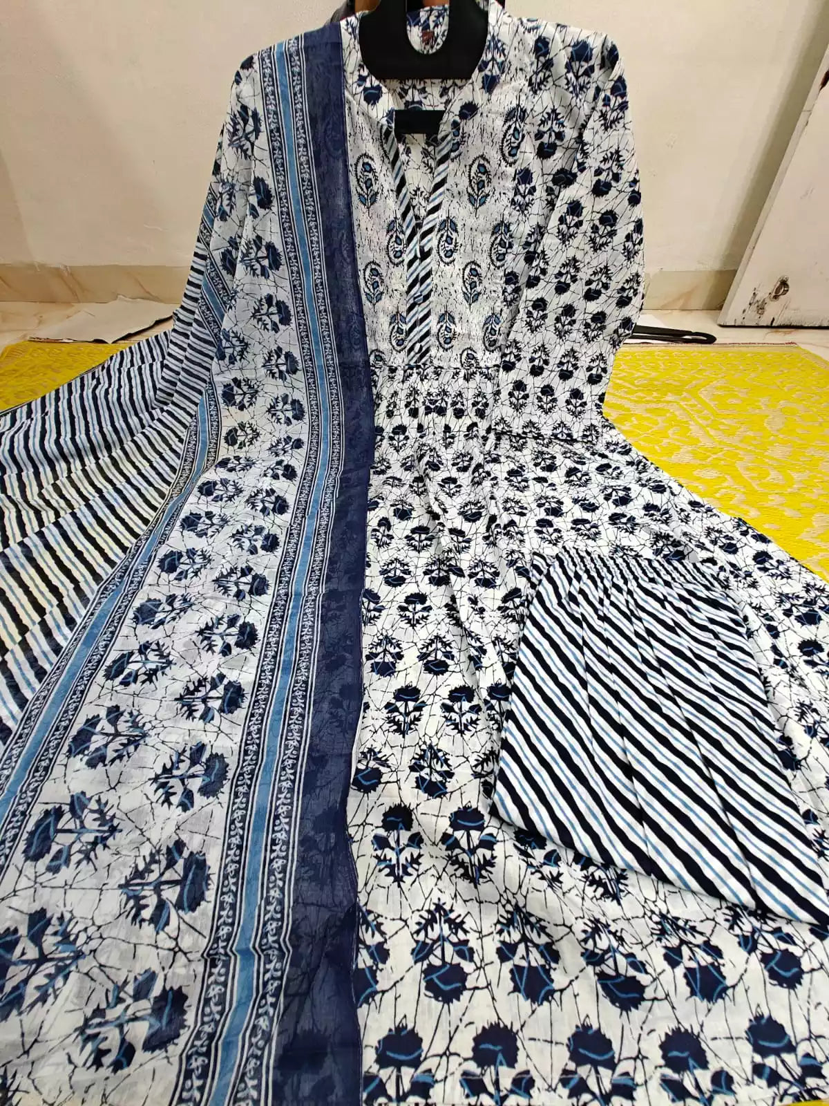 Frock With Neck Yoke Patch, Block Print Cream Color With Cotton Pant & Mal Dupatta
