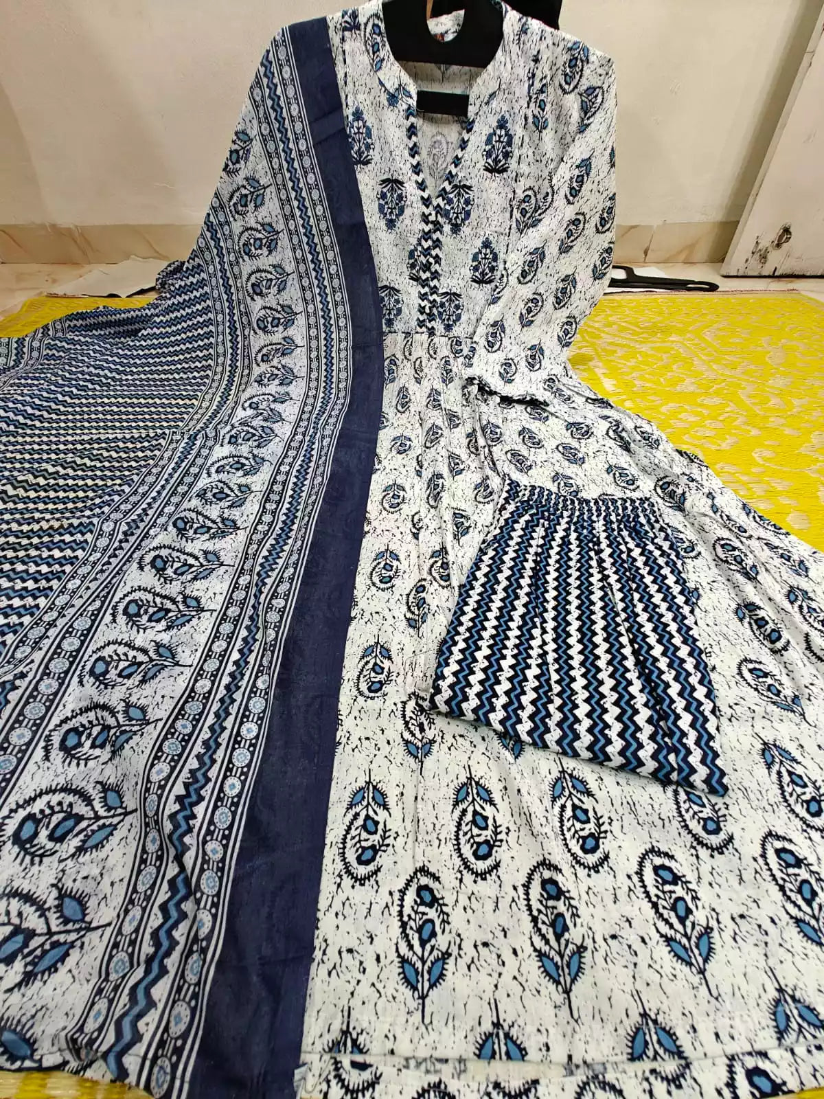 Frock With Neck Yoke Patch, Block Print Cream Color With Cotton Pant & Mal Dupatta