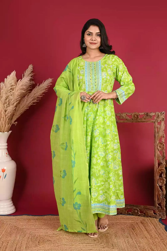 Floral print cotton frock with dupatta in vibrant green, styled with crochet lace, perfect for summer wear.