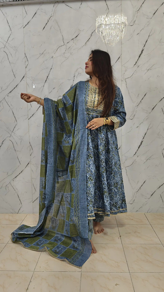 Gown With Kali In Premium Cotton Fabric, Cotton Pant, Mal Cotton Print Dupatta