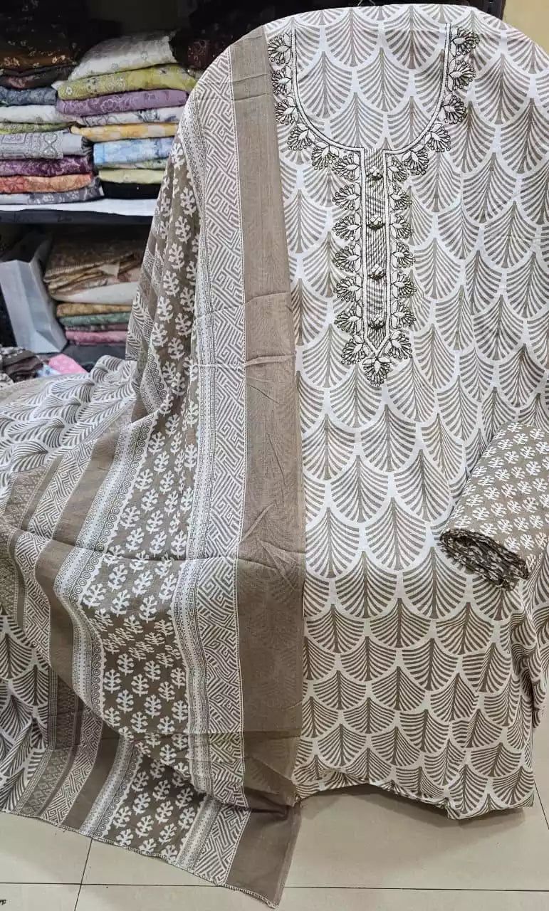 Unstitched Suit with Neck Embroidery & Cotton Dupatta