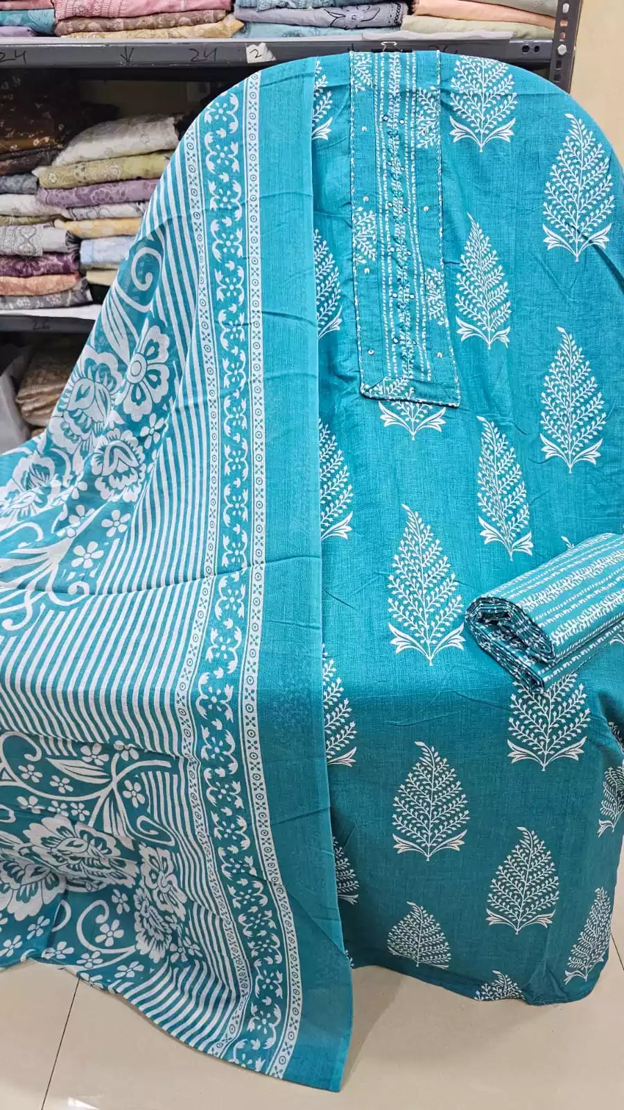 Unstitched Suit with Neck Embroidery & Cotton Dupatta