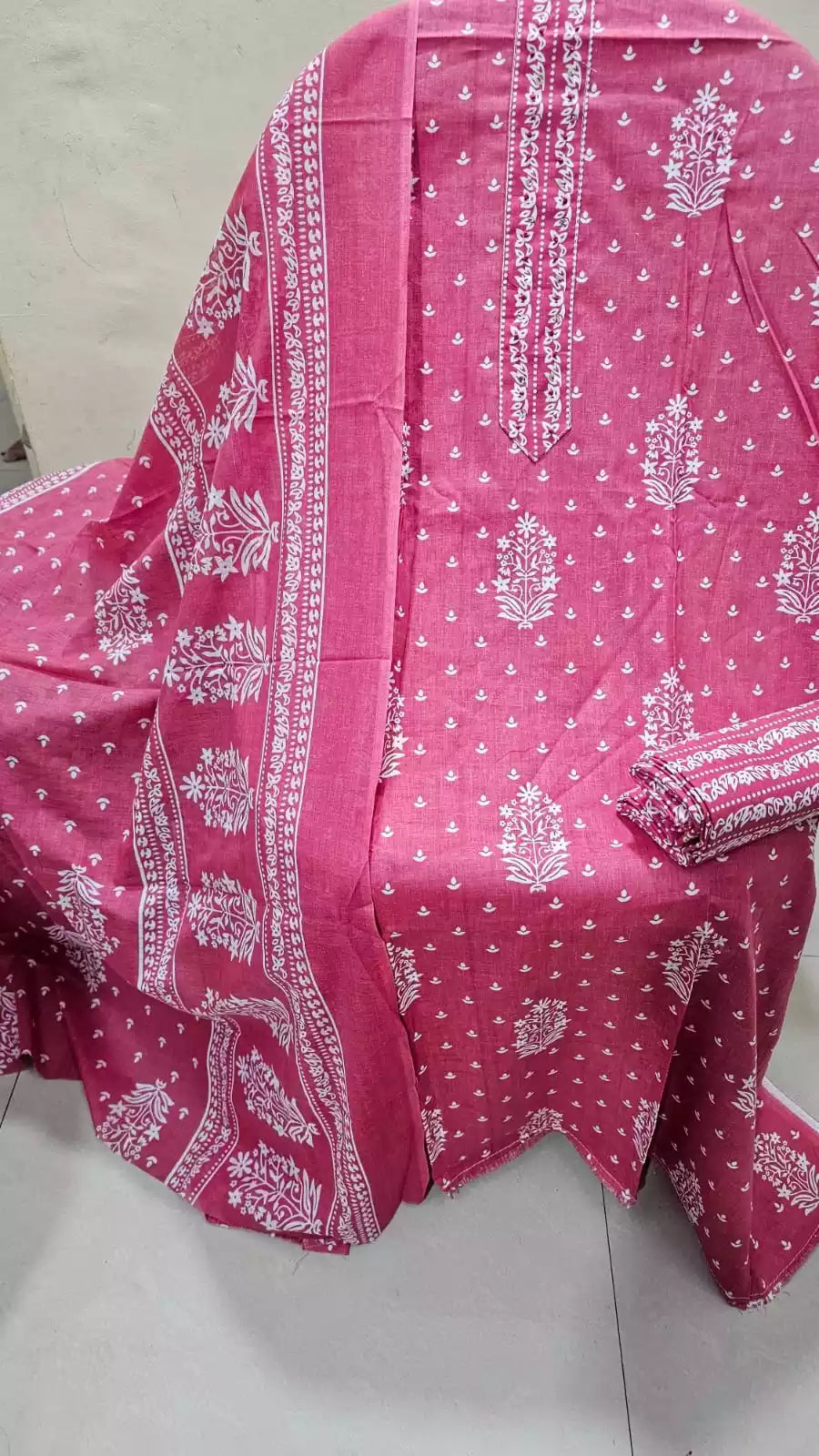 Unstitched Suit with Neck Embroidery & Cotton Dupatta